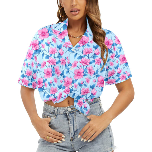 Blue Pink Women Hawaiian shirt, Floral Flowers Summer Tropical Print Vintage Retro Hawaii Aloha Cool Button Up Down Plus Size Ladies Blouse
