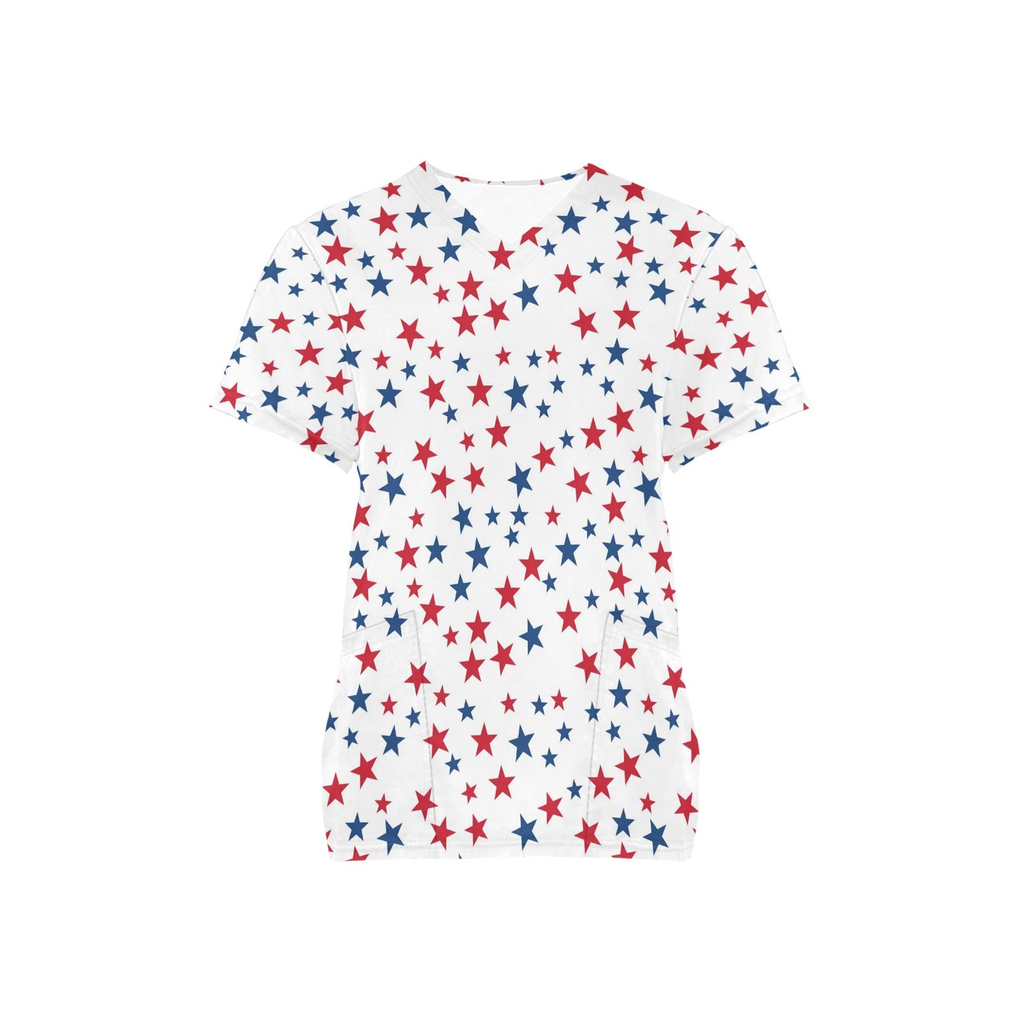 Red White Blue Stars Medical Scrubs Top Women, American USA Patriotic Ladies Female Plus Size Nursing Nurse Vet Veterinary Assistant Pockets - Starcove Fashion