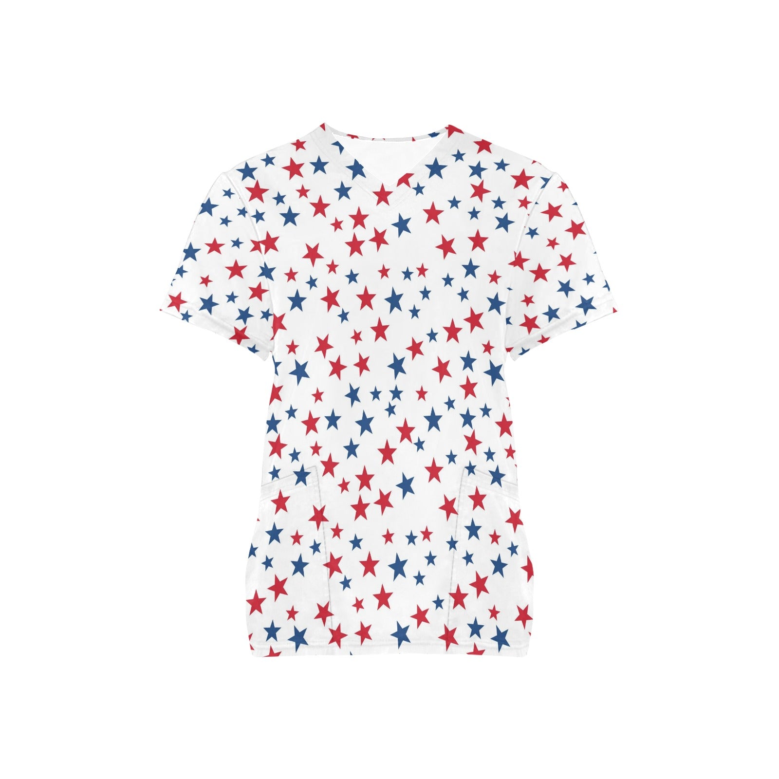 Red White Blue Stars Medical Scrubs Top Women, American USA Patriotic Ladies Female Plus Size Nursing Nurse Vet Veterinary Assistant Pockets - Starcove Fashion