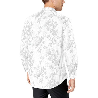 White Floral Long Sleeve Men Button Up Shirt, Monochrome Botanical Artistic Flowers Summer Print Dress Buttoned Collar Casual Male Guy Shirt - Starcove Fashion