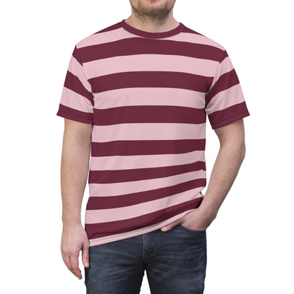 Burgundy Pink Striped Tshirt, Maroon Blush Horizontal Retro Designer Lightweight Heavyweight Crewneck Men Women Tee Top Short Sleeve Shirt