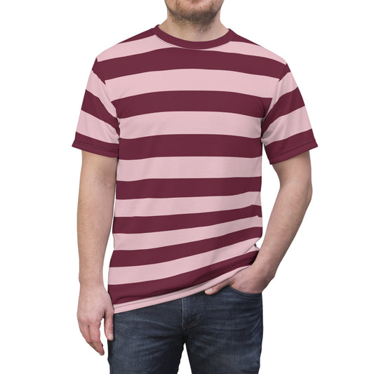 Burgundy Pink Striped Tshirt, Maroon Blush Horizontal Retro Designer Lightweight Heavyweight Crewneck Men Women Tee Top Short Sleeve Shirt