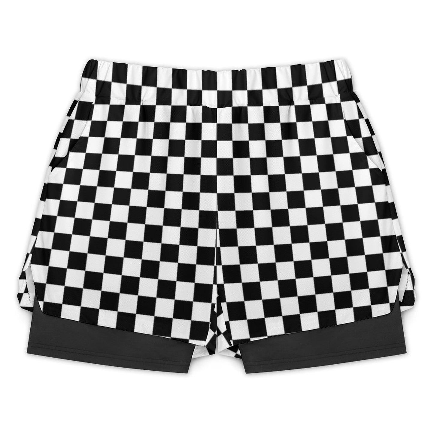 Checkered Men 2 in 1 Lined Shorts, Black White Check Compression Liner Running Gym Workout Graphic Athletic Sports Mesh Pockets Drawstring - Starcove Fashion