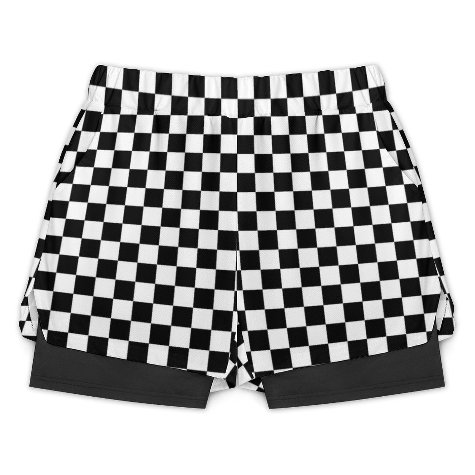 Checkered Men 2 in 1 Lined Shorts, Black White Check Compression Liner Running Gym Workout Graphic Athletic Sports Mesh Pockets Drawstring - Starcove Fashion