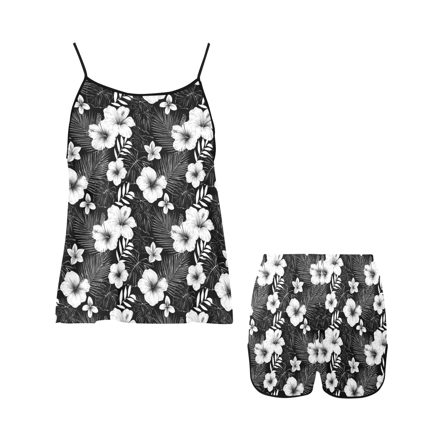 Black White Pajamas Set, Floral Flowers Women Ladies Sleepwear Short Sleeve Sleep Shirt Shorts Night Wear Plus Size Summer Designer PJs