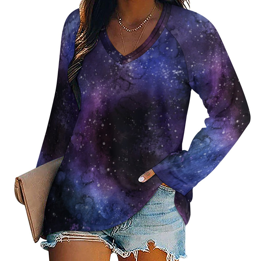 Galaxy Space Women Long Sleeve Tshirt loose fit, Stars Purple Universe Relaxed V-neck Designer Aesthetic Ladies Female Tee Top Shirt