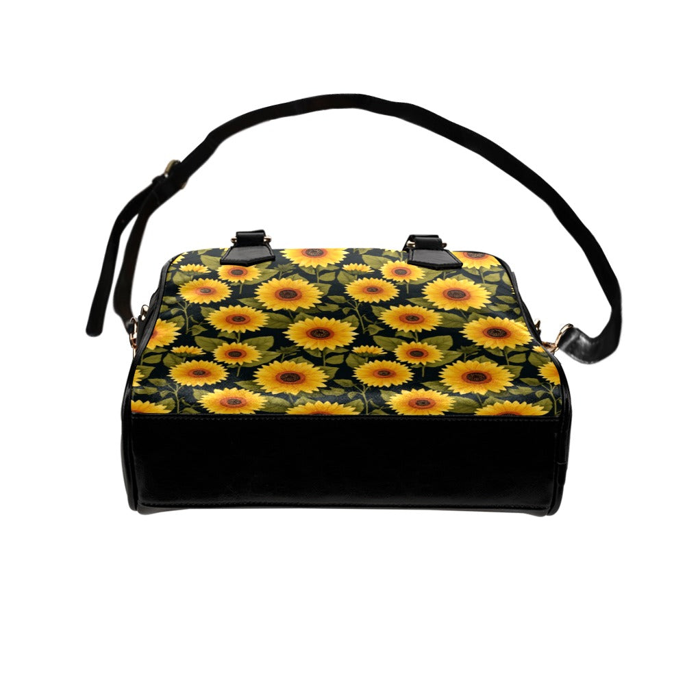 Sunflower Floral Purse Handbag, Yellow Floral Flowers Black Print Vegan Leather Designer Shoulder Satchel Top Handle Bag with Strap Zip