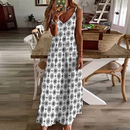 Black White Boho Maxi Dress, Long Spaghetti Straps Women Sleeveless Casual Cute Designer Elegant Plus Size Cocktail Party Summer Designer L / White Black White Boho Maxi Dress, Long Spaghetti Straps Women Sleeveless Casual Cute Designer Elegant Plus Size Cocktail Party Summer Designer L / White