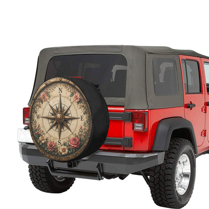Flower Boho Compass Rose Spare Tire Wheel Cover, Vintage Floral Navigation Bohemian Back Up Camera Hole Rear Back RV Car Camper Motorhome - Starcove Fashion