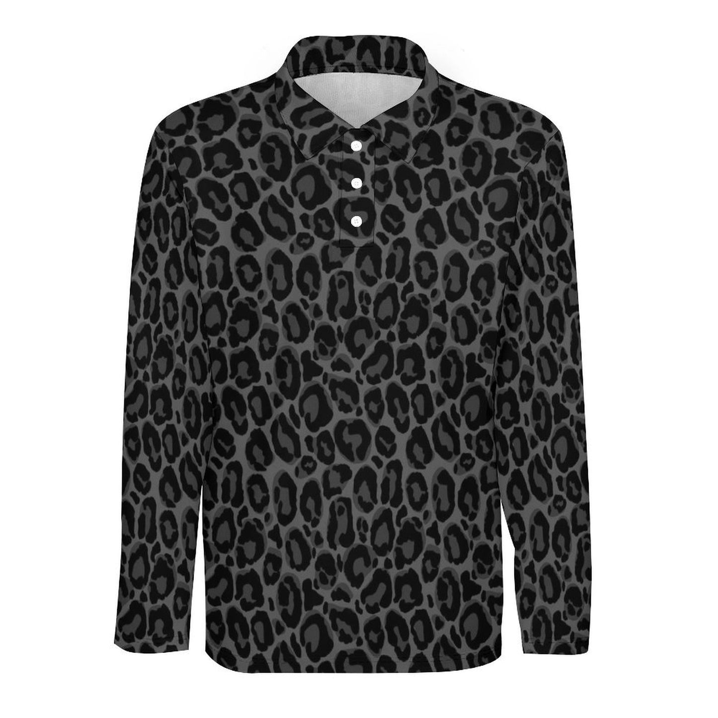 Black Leopard Men Long Sleeve Polo Shirt, Animal Print Grey Slim Fit Sleeve Collared Casual Buttoned Down Up Sports Golf Tee Top Plus Size