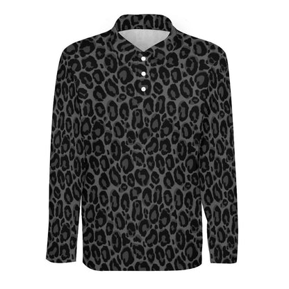 Black Leopard Men Long Sleeve Polo Shirt, Animal Print Grey Slim Fit Sleeve Collared Casual Buttoned Down Up Sports Golf Tee Top Plus Size