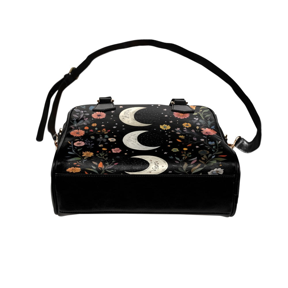 Moon Celestial Purse, Stars Constellation Space Black Floral Flowers Small Shoulder Zip Bag Vegan Leather Women Designer Crossbody Handbag