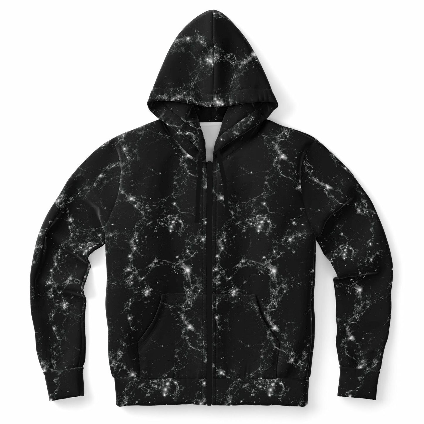 Black Galaxy Zip Up Hoodie, Space Stars Universe Full Zipper Pocket Men Women Unisex Adult Aesthetic Graphic Cotton Fleece Hooded Sweatshirt