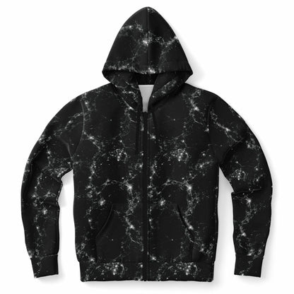 Black Galaxy Zip Up Hoodie, Space Stars Universe Full Zipper Pocket Men Women Unisex Adult Aesthetic Graphic Cotton Fleece Hooded Sweatshirt