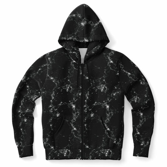 Black Galaxy Zip Up Hoodie, Space Stars Universe Full Zipper Pocket Men Women Unisex Adult Aesthetic Graphic Cotton Fleece Hooded Sweatshirt