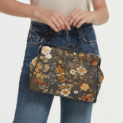 Floral Kiss Lock Purse Handbag, Flowers Brown Green Dark Print Vegan Leather Vintage Designer Shoulder Crossbody Top Handle Clasp Bag