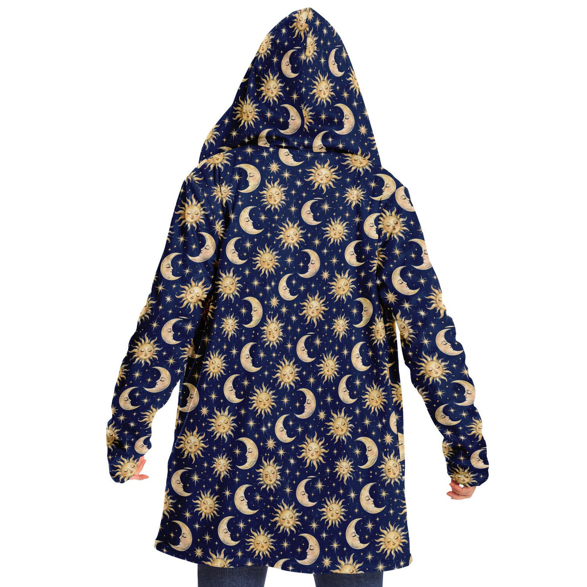 Sun Moon Hooded Cloak, Blue Navy Celestial Cosmic Space Coat Men Women Ladies Winter Warm Mink Fleece Blanket Robe Wearable Cape Pockets