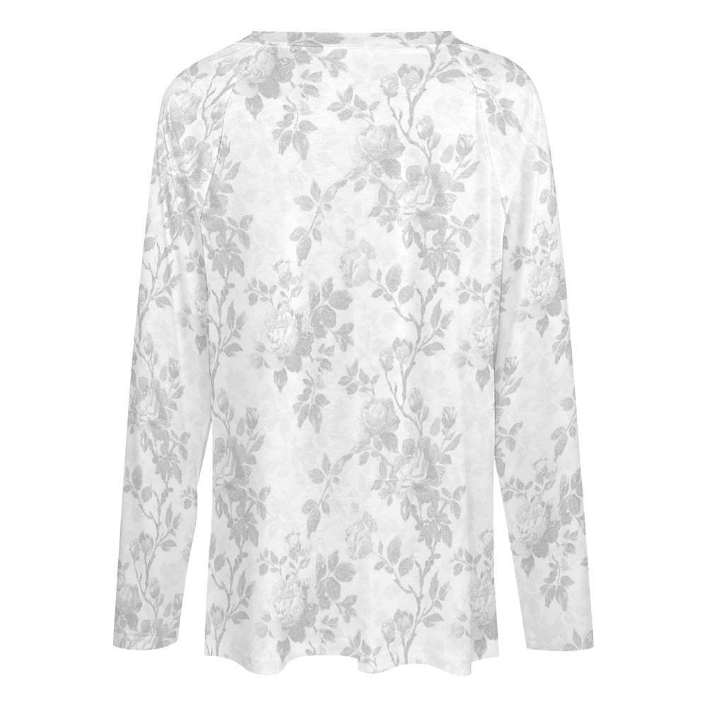 White Floral Women Long Sleeve Tshirt loose fit, Flowers Relaxed V-neck Designer Graphic Aesthetic Ladies Female Tee Top Shirt Streetwear - Starcove Fashion