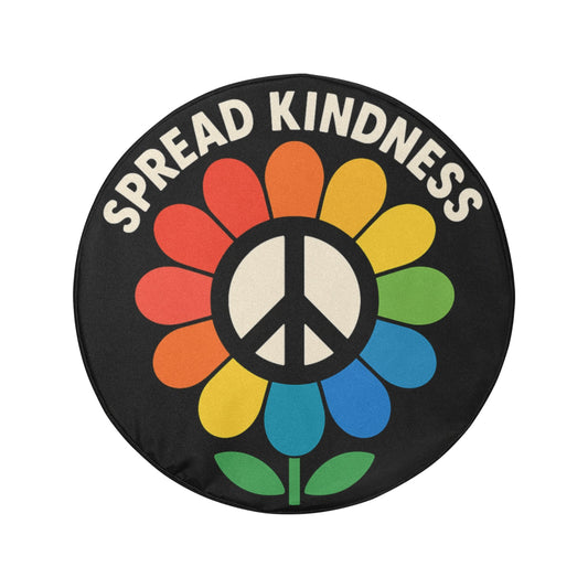 Kindness Spare Tire Cover, Peace Sign Kind 70s Flower Floral Power Hippie Black Wheel Auto Back Up Camera Hole Unique Women Spare RV Trailer