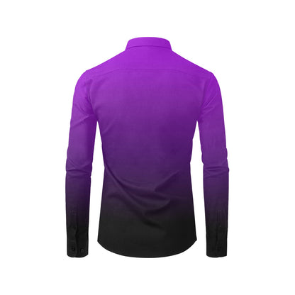 Black Purple Ombre Long Sleeve Men Button Up Shirt, Gradient Tie Dye Two Tone Print Buttoned Collar Casual Dress Chest Pocket Plus Size