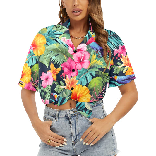 Parrot Tropical Women Hawaiian shirt, Floral Flowers Summer Hibiscus Print Vintage Retro Hawaii Aloha Button Up Down Plus Size Ladies Blouse