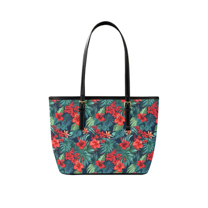 Red Tropical Flowers Tote Bag Purse, Hibiscus Floral Art Women Vegan Leather Handbag  Zip on Top Designer Handmade Shoulder Ladies Bag
