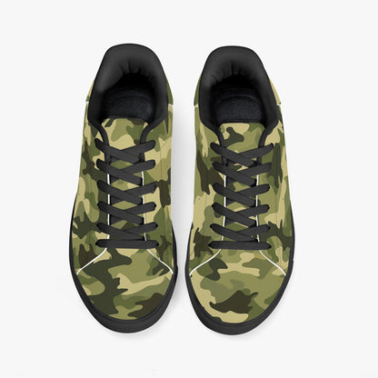 Sage Green Camo Vegan Leather Shoes, Camouflage Olive Men Women Sneakers White Black Low Top Lace Up Designer Casual