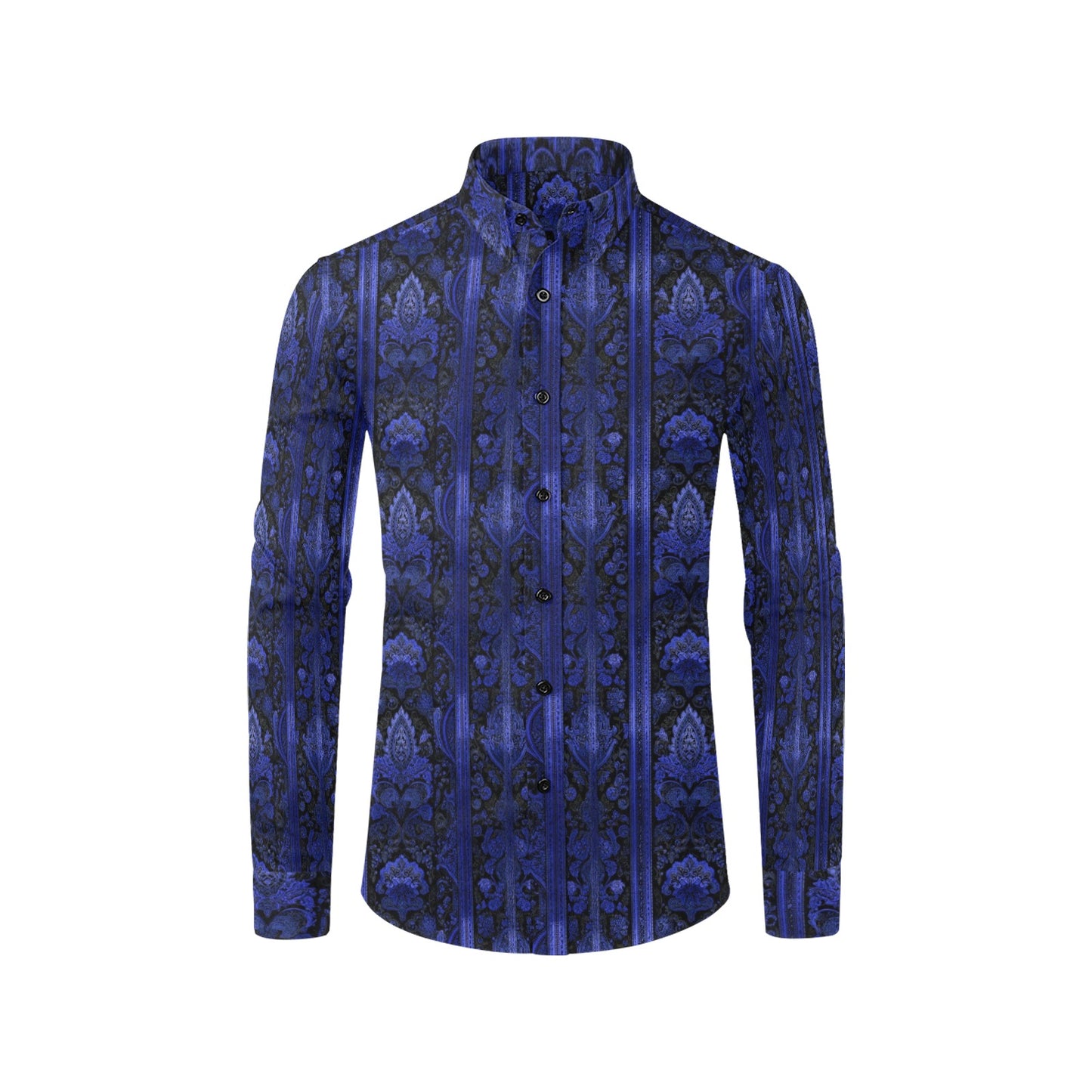 Black Blue Paisley Men Button Up Shirt, Long Sleeve Pattern Print Dress Buttoned Collar Casual Dress Collared Shirt with Chest Pocket