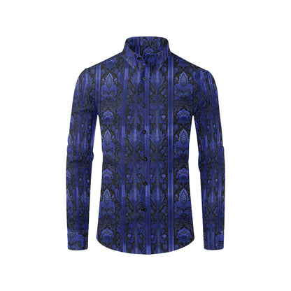Black Blue Paisley Men Button Up Shirt, Long Sleeve Pattern Print Dress Buttoned Collar Casual Dress Collared Shirt with Chest Pocket