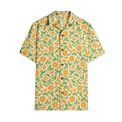Orange Men Button Up Cotton Shirt, Summer Fruit Yellow Green Short Sleeve Casual Buttoned Down Male Guys Collared Designer Plus Size