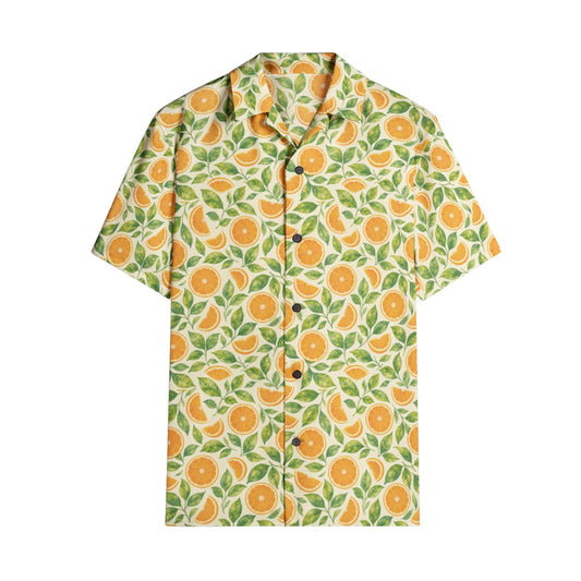 Orange Men Button Up Cotton Shirt, Summer Fruit Yellow Green Short Sleeve Casual Buttoned Down Male Guys Collared Designer Plus Size
