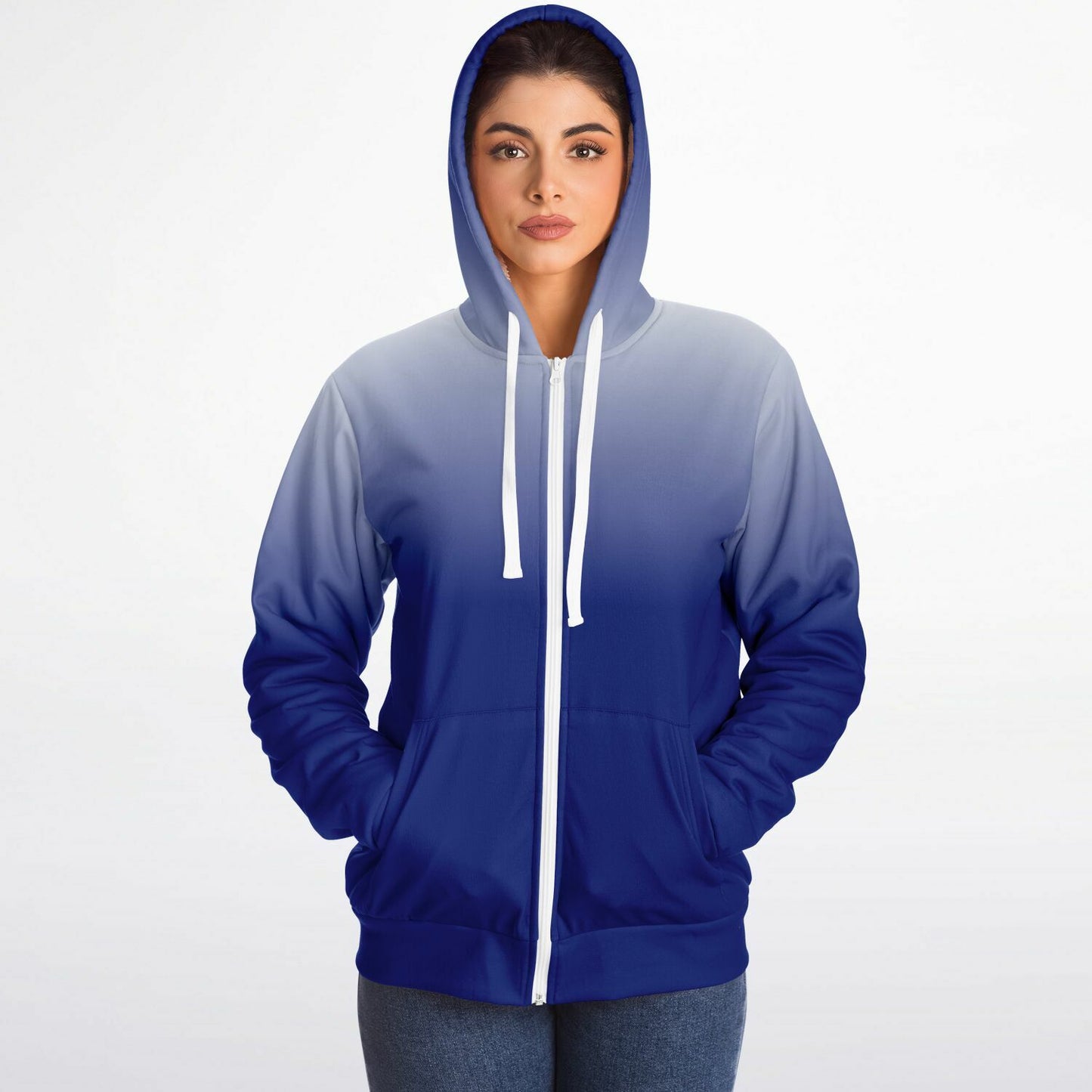 Blue White Ombre Zip Up Fleece Lined Hoodie, Tie Dye Gradient Heavyweight Full Zipper Pocket Men Women Unisex Hooded Sweatshirt Jacket