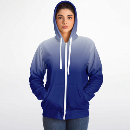 Blue White Ombre Zip Up Fleece Lined Hoodie, Tie Dye Gradient Heavyweight Full Zipper Pocket Men Women Unisex Hooded Sweatshirt Jacket