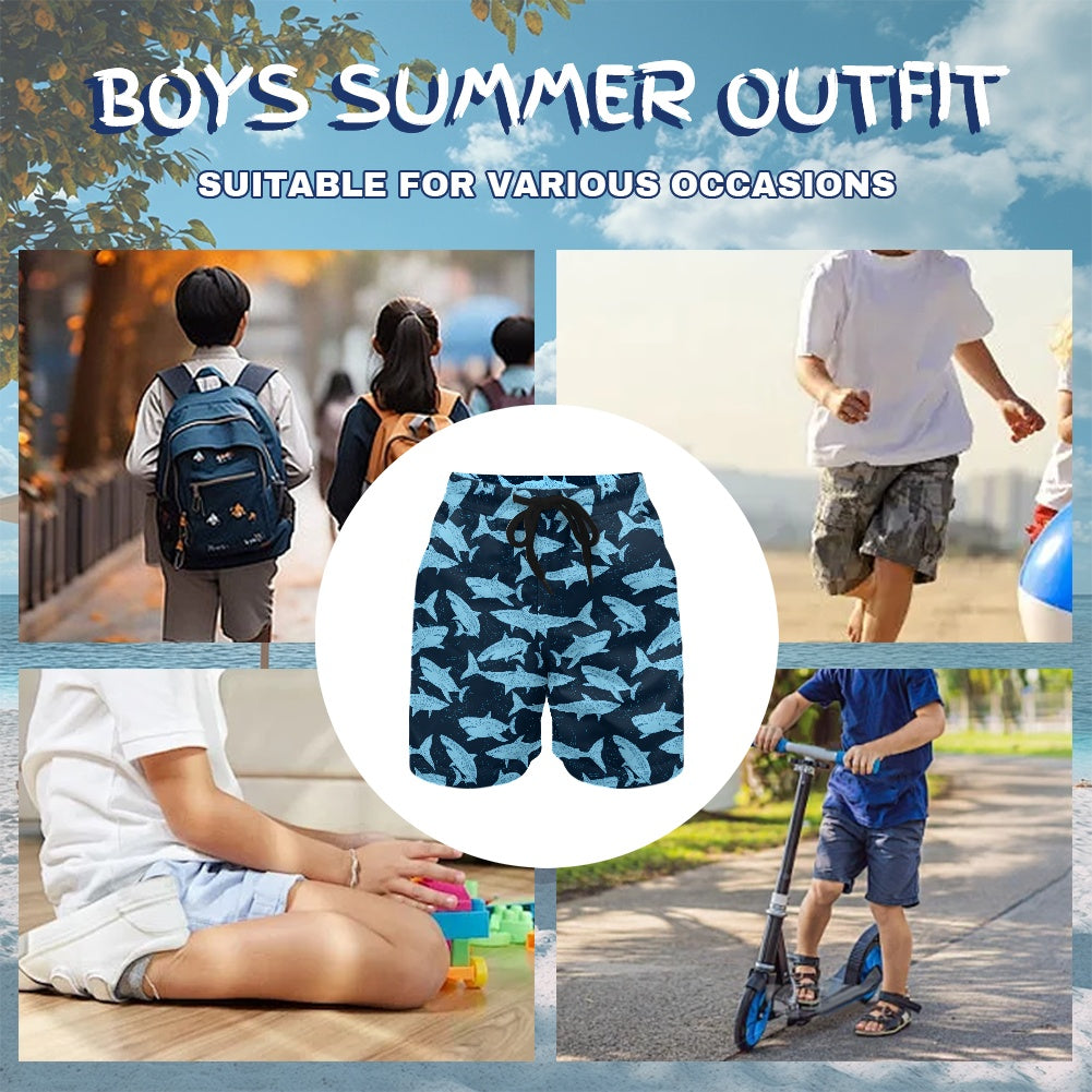 Shark Boys Beach Shorts (4-11Y), Navy Blue Quick Dry Kids Drawstring Casual Shorts Pockets Children Youth - Starcove Fashion
