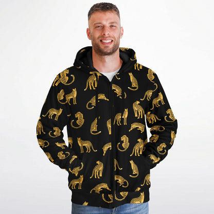 Leopard Zip Up Fleece Lined Hoodie, Animal Cheetah Print Heavyweight Full Zipper Pocket Men Women Unisex Graphic Hooded Sweatshirt Jacket