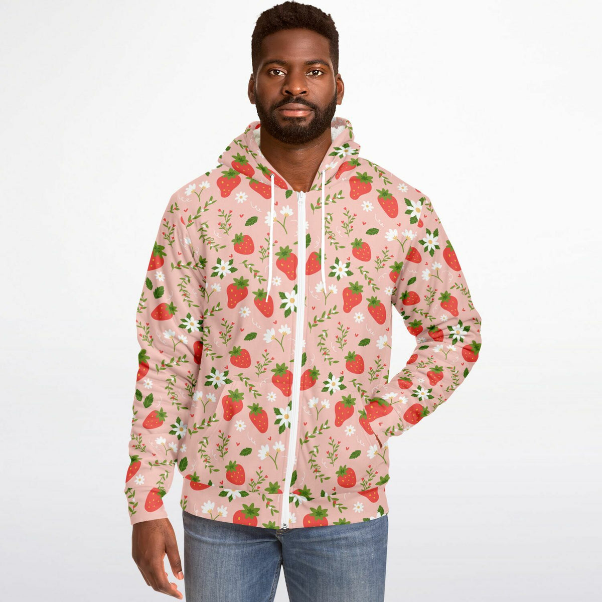 Strawberry Zip Up Fleece Lined Hoodie, Pink Floral Flowers Sherpa Heavyweight Full Zipper Men Women Unisex Graphic Hooded Sweatshirt Jacket