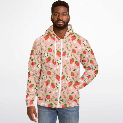 Strawberry Zip Up Fleece Lined Hoodie, Pink Floral Flowers Sherpa Heavyweight Full Zipper Men Women Unisex Graphic Hooded Sweatshirt Jacket