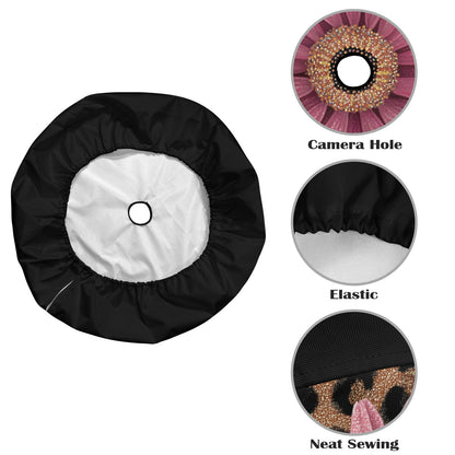 Pink Leopard Daisy Car Spare Tire Cover, Cheetah Back Rear Extra Wheel Floral Flowers Black Camera Hole Unique Women  RV Camper Auto