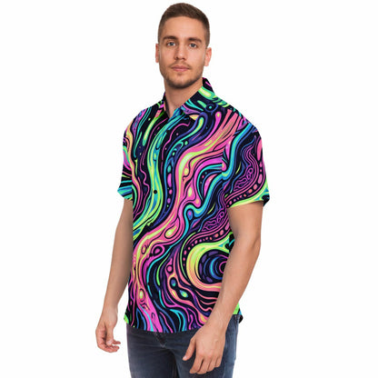 Psychedelic Men Button Up Shirt, Vibrant Trippy Funky Festival Short Sleeve Print Casual Buttoned Down Summer Male Guys Collared Designer - Starcove Fashion