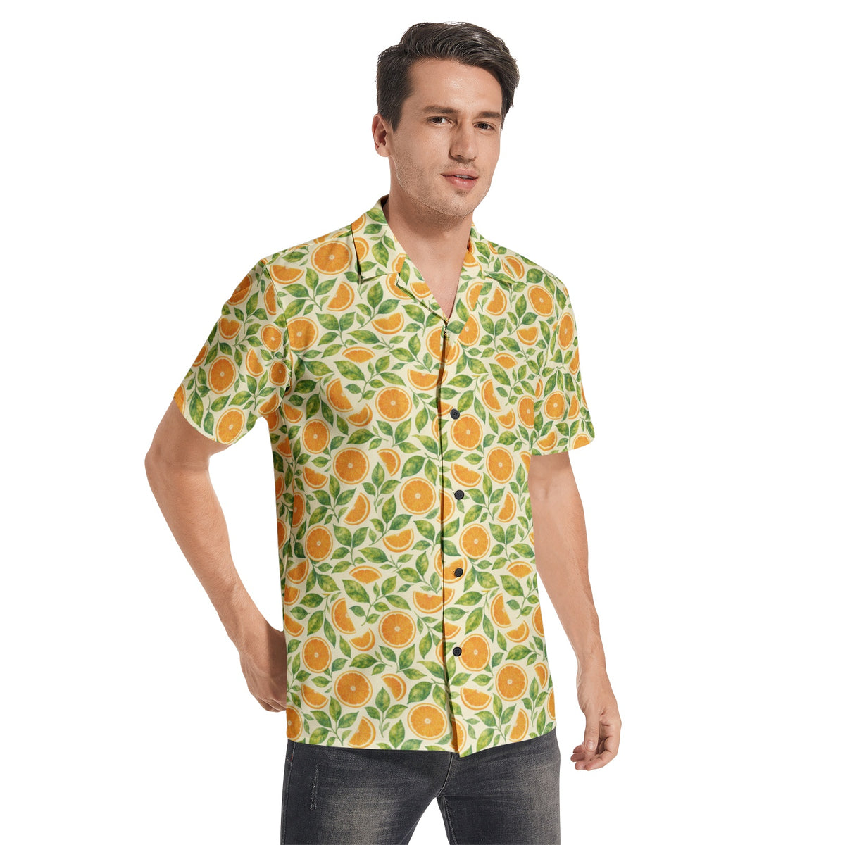 Orange Men Button Up Cotton Shirt, Summer Fruit Yellow Green Short Sleeve Casual Buttoned Down Male Guys Collared Designer Plus Size