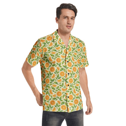 Orange Men Button Up Cotton Shirt, Summer Fruit Yellow Green Short Sleeve Casual Buttoned Down Male Guys Collared Designer Plus Size