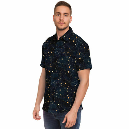 Constellation Short Sleeve Men Button Up Shirt, Space Stars Universe Print Casual Buttoned Down Summer Collared Dress Shirt