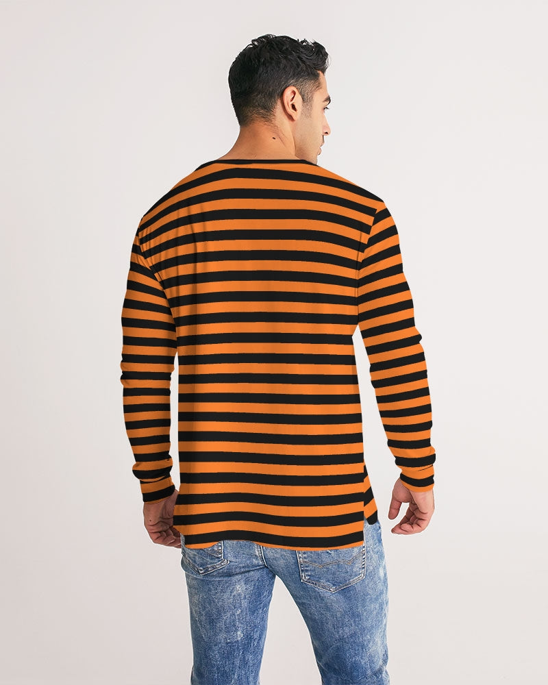 Orange Black Stripes Men Long Sleeve Tshirt, Striped Unisex Women Designer Guys Graphic Halloween Aesthetic Crew Neck Tee