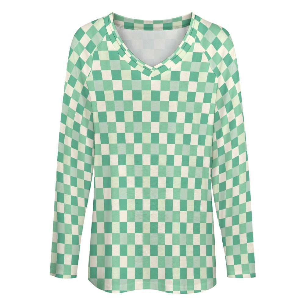 Green Checkered Women Long Sleeve Tshirt loose fit, Gingham Check Relaxed V-neck Designer Graphic Aesthetic Ladies Female Tee Top Shirt - Starcove Fashion