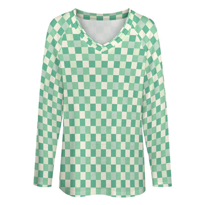 Green Checkered Women Long Sleeve Tshirt loose fit, Gingham Check Relaxed V-neck Designer Graphic Aesthetic Ladies Female Tee Top Shirt - Starcove Fashion