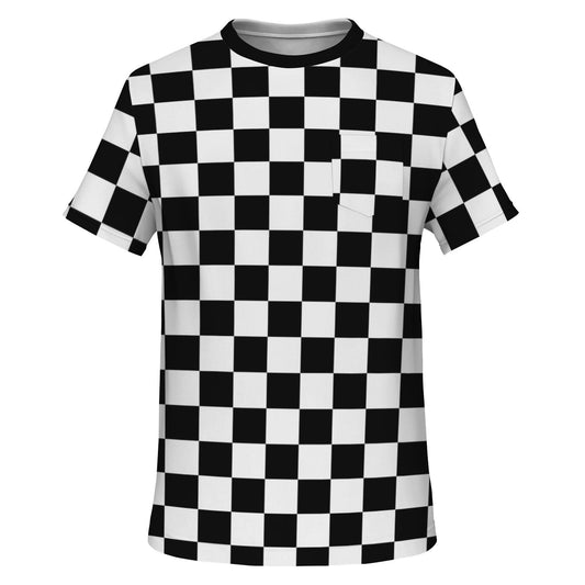 Checkered Tshirt with Pocket, Black White Check Checkerboard Designer Graphic Aesthetic Crewneck Men Women Tee Top Short Sleeve Casual Shirt