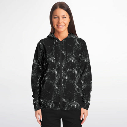 Black Galaxy Zip Up Hoodie, Space Stars Universe Full Zipper Pocket Men Women Unisex Adult Aesthetic Graphic Cotton Fleece Hooded Sweatshirt