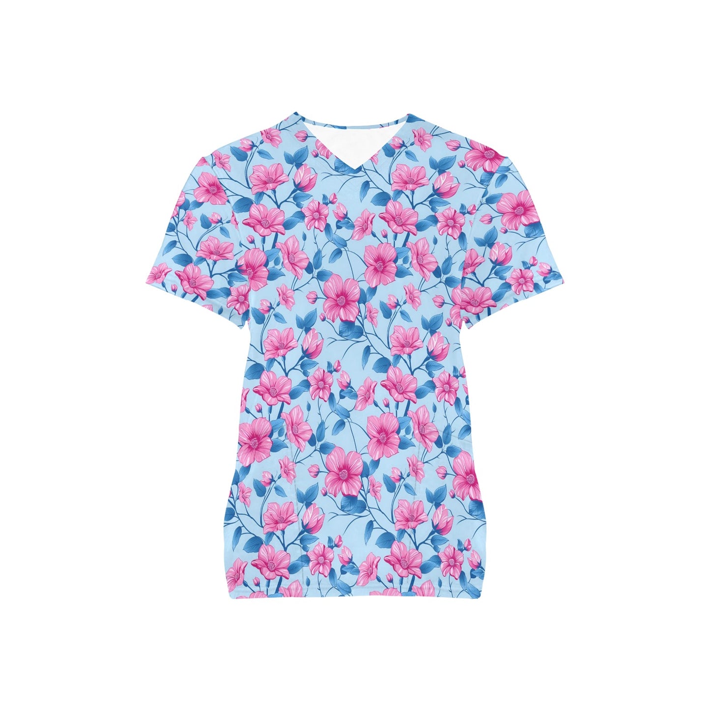 Pink Blue Floral Medical Scrubs Top Women, Flowers Ladies Female Plus Size Nursing Nurse Vet Veterinary Assistant Uniform Pockets