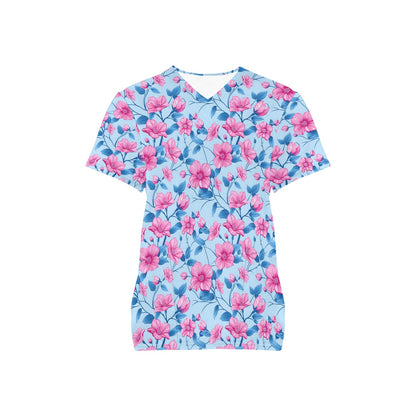 Pink Blue Floral Medical Scrubs Top Women, Flowers Ladies Female Plus Size Nursing Nurse Vet Veterinary Assistant Uniform Pockets