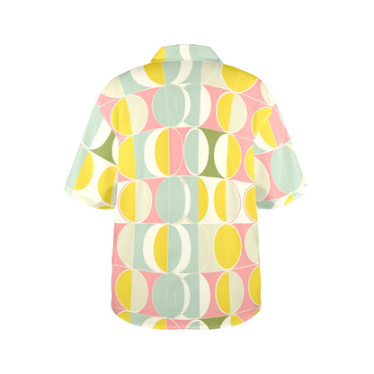 Mid Century Modern Women Hawaiian shirt, Retro Vintage Summer Yellow Print Vintage Retro Hawaii Aloha Button Up Down Plus Size Ladies Blouse